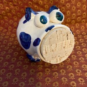 VTG Medium CERAMIC/Clay  Blue and White PIGGY  BANK with CORK Nose. Handmade.